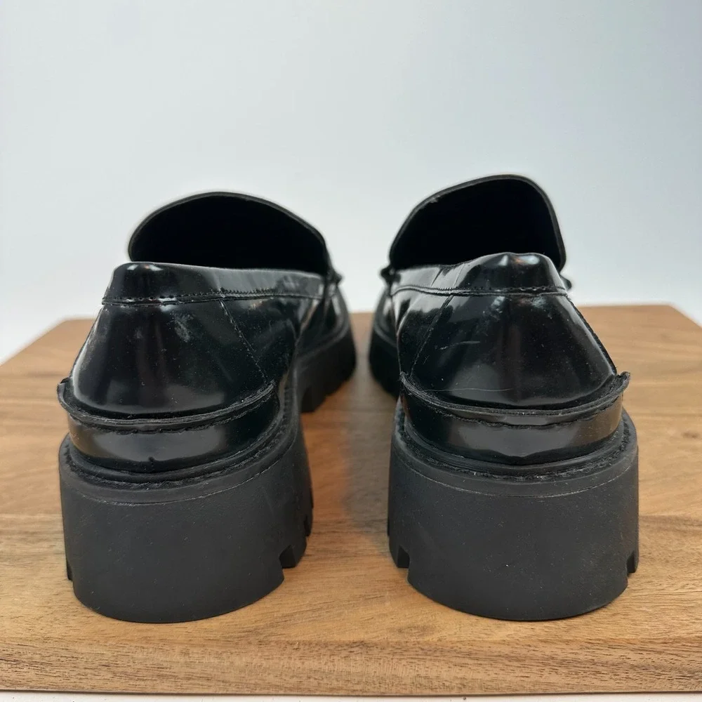 New Womens Open Edit Heather Black Faux Leather Horsebit‎ Lug Sole Loafers Sz 11